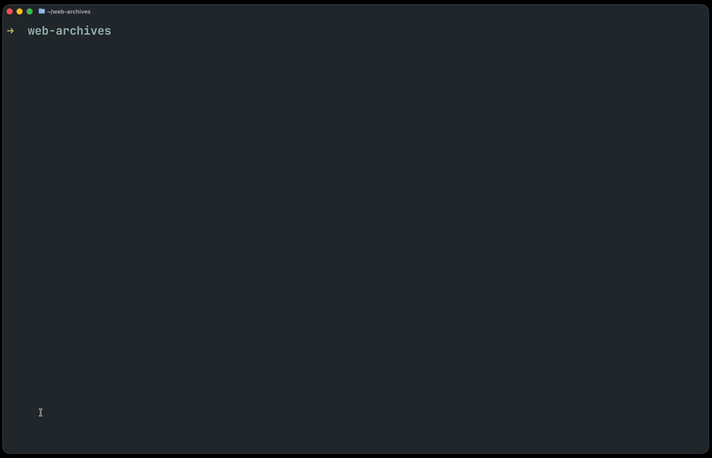 A terminal session: describing five pages of en.wikipedia.org to archive, the crawl widget counting up, and the finished archive opening in ReplayWeb.page.